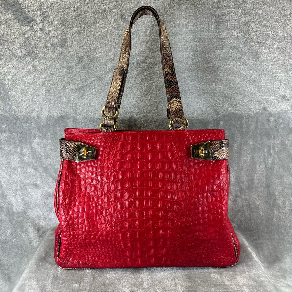 Fontanelli Handbag Purse Red Leather Croc Embossed w/ Snake Skin Trim